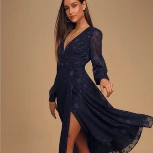 Lulu's Evening of Elegance Navy Blue Floral Jacquard Wrap Midi Dress XL